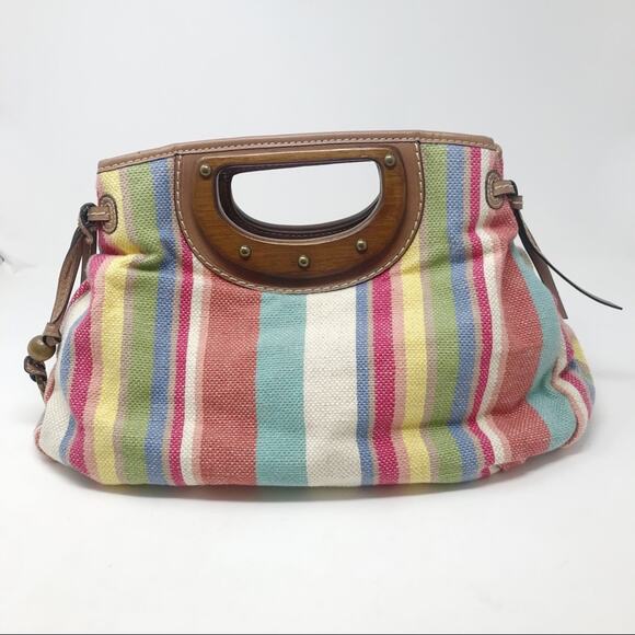 Fossil Spring Striped Fabric Cloth Satchel Crossbody Purse Bag Wooden Handles - Picture 1 of 12
